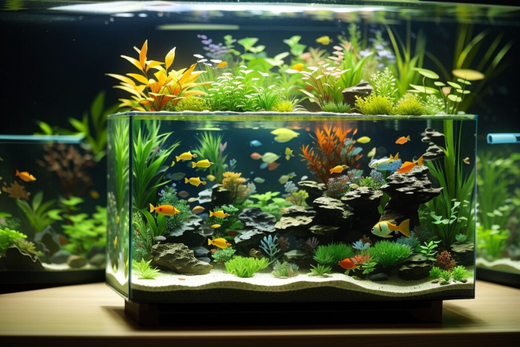 A planted aquarium tank with a bubbling CO2 diffuser