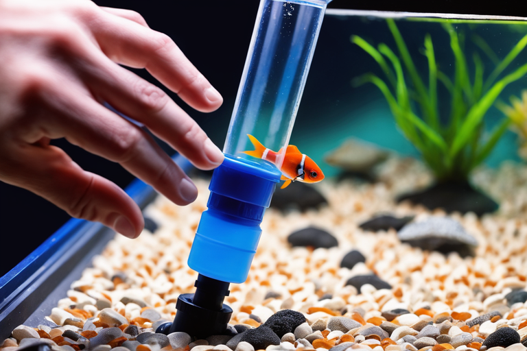 hand efficiently moving a siphon tube through the gravel of an aquarium