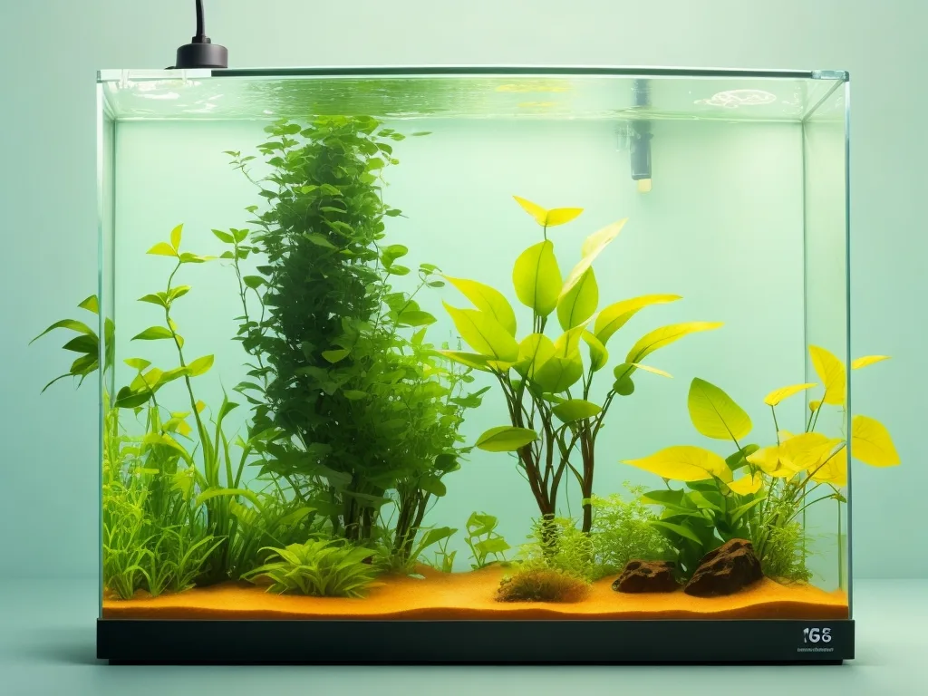 planted aquarium with visible signs of low CO2 levels (yellow leaves, slow growth) and various methods of adding CO2 (diffuser, reactor, liquid supplements)