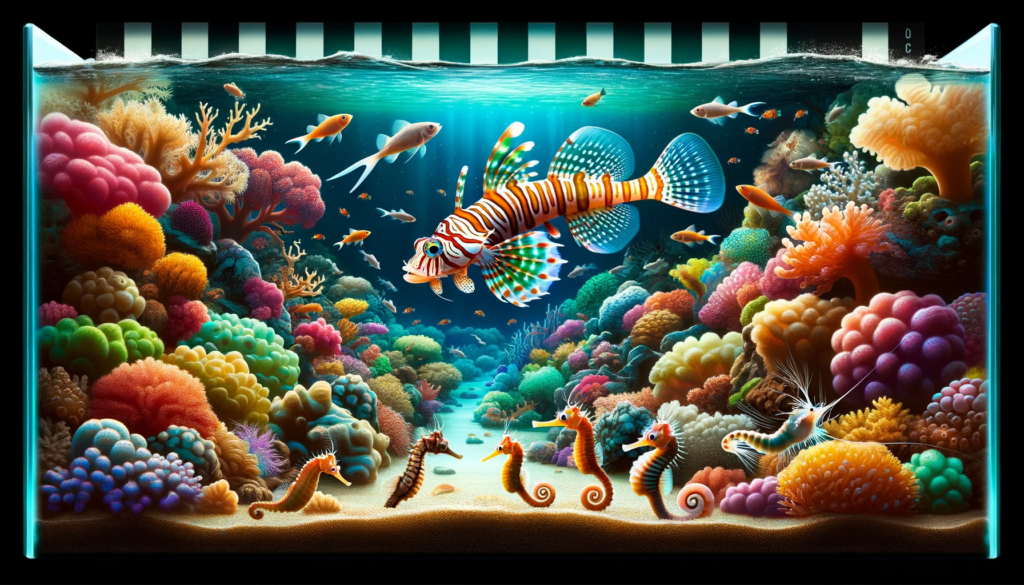 Illustration of a cinematic view inside a marine aquarium where a Mandarin Dragonet takes center stage, surrounded by its peaceful tank mates like the Bicolor Blenny, Seahorses, and Cleaner Shrimp. The aquascape is rich with colorful coral
