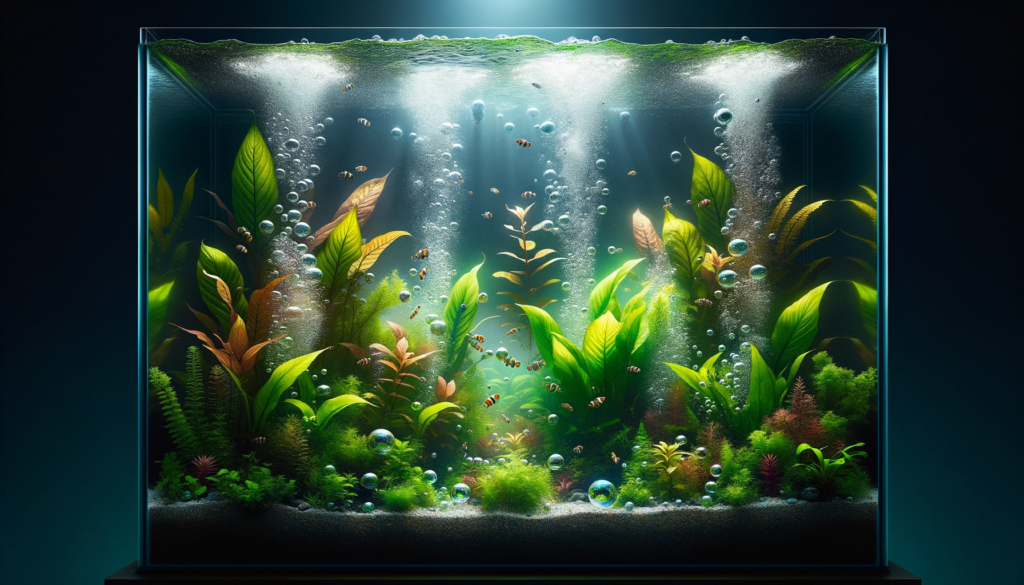 A well-lit aquarium paints a mesmerizing picture of aquatic plants in their prime, with leaves and stems full of vigor. As bubbles gently ascend from the plants and the bottom, they highlight the optimal CO2 levels that underpin this lush