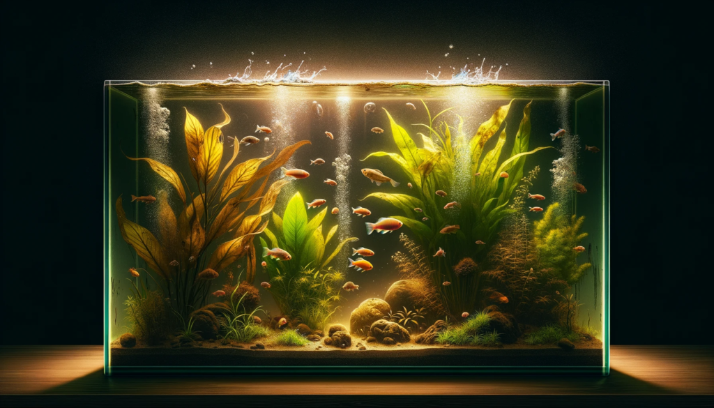 A planted aquarium under low lighting paints a picture of aquatic plants in distress, with their leaves turning yellow. Few algae clusters can be spotted. Fish gravitate towards the water surface, gasping for air, displaying evident discomfort. Furthermore, bubbles emerge from the water, emphasizing the tank's imbalanced state.

