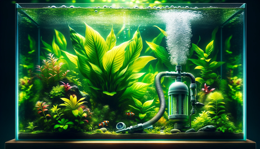 A radiant aquarium showcases aquatic plants in their full glory, with each leaf and stem exuding health and vitality. Essential to this thriving ecosystem is a CO2 regulator, prominently featured, and a CO2 diffuser submerged in the water. The diffuser's consistent stream of bubbles indicates the optimal CO2 levels that are central to the plants' well-being.

