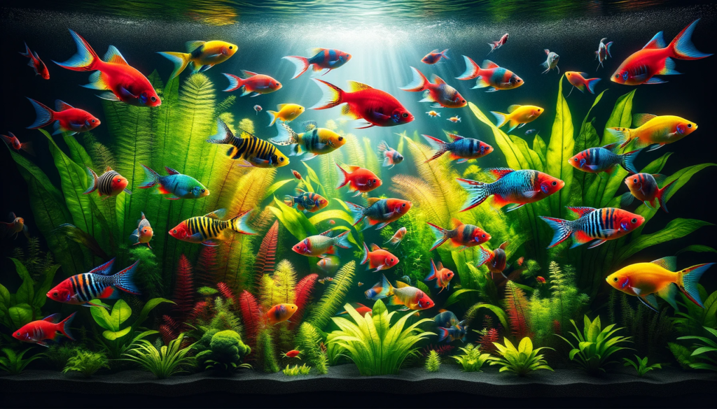 Image of a spacious 55-gallon tank where diverse exotic fish with vibrant patterns swim in harmony. The tank's interior is adorned with a variety of aquatic plants, their leaves providing shade and hiding spots. Rays of light from an overhead source dance on the water's surface, casting sparkling reflections.

