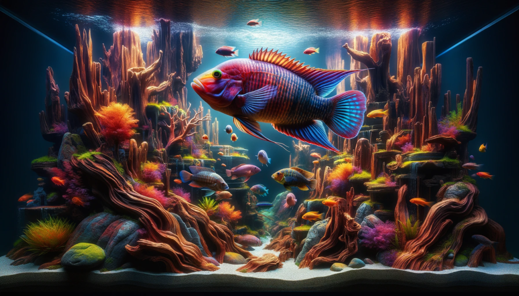 Image capturing the vibrancy of a 55-gallon fish tank, home to an array of livebearer fish flaunting brilliant red, yellow, and blue colors. They glide gracefully through dense green plants, their movements reflecting energy and enthusiasm.
