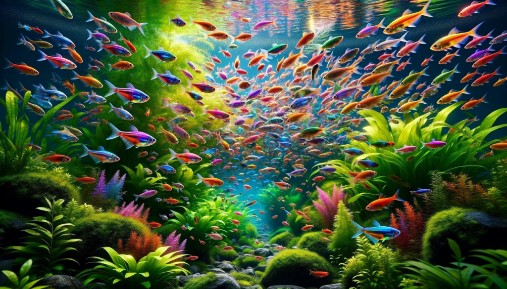 Image capturing the essence of a 55-gallon tetra community tank. A multitude of radiant tetra fish, showcasing a spectrum of colors, swim harmoniously amidst verdant aquatic vegetation. The scene is reminiscent of a dynamic underwater kaleidoscope.