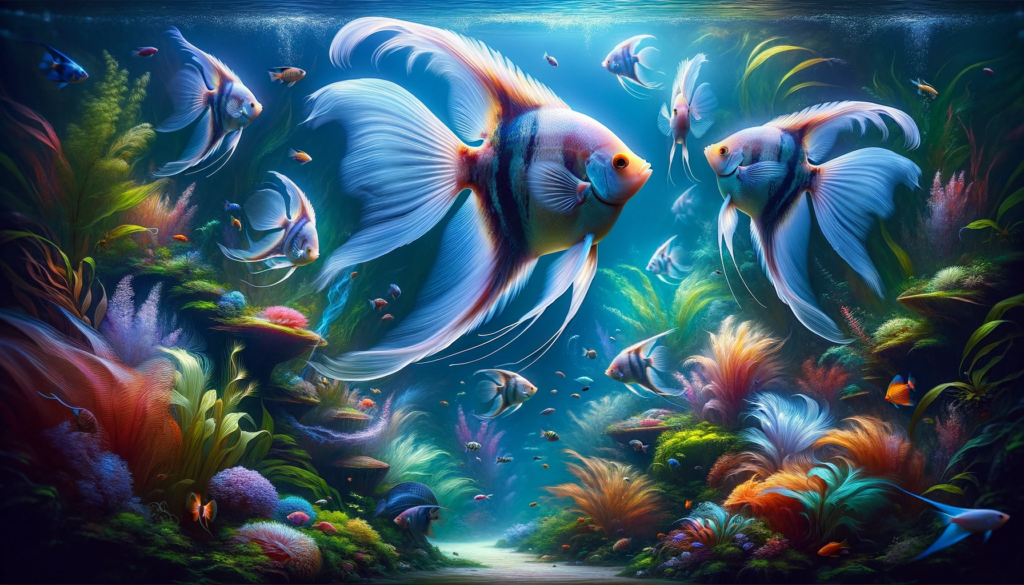 Image capturing the essence of a 55-gallon angelfish community tank. A multitude of radiant tetra fish, showcasing a spectrum of colors, swim harmoniously amidst verdant aquatic vegetation. The scene is reminiscent of a dynamic underwater kaleidoscope.