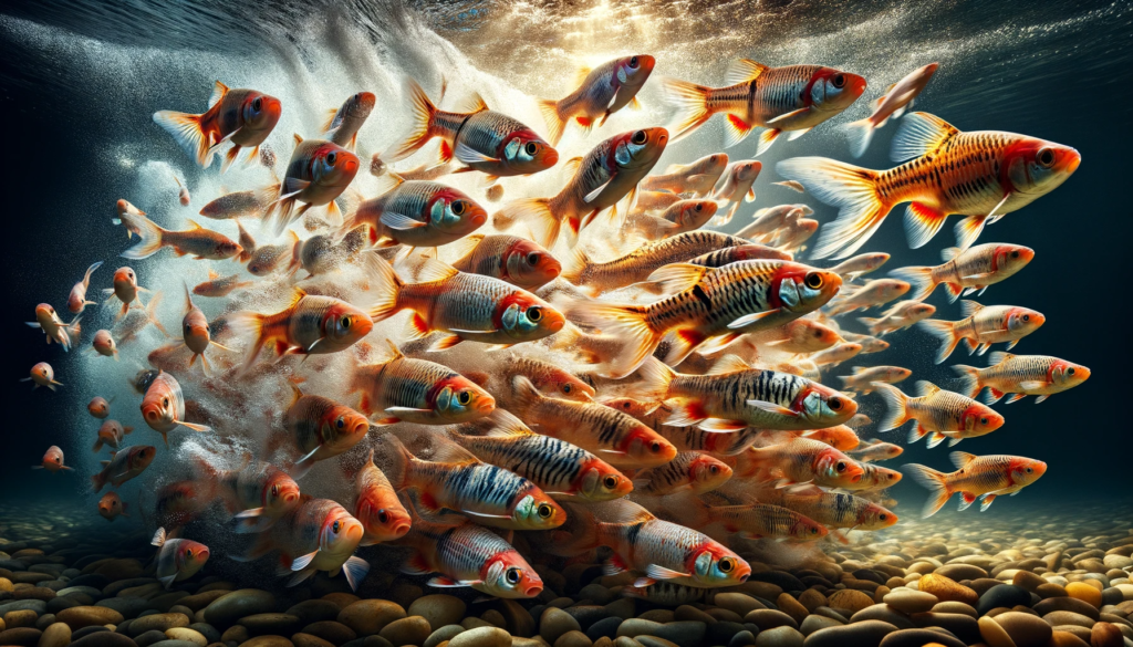Photo of a bustling 55-gallon aquarium where Barb fish, with their radiant hues, move with incredible speed. Their rapid movements contrast with the serene water environment, resulting in a mesmerizing display of aquatic dynamism.