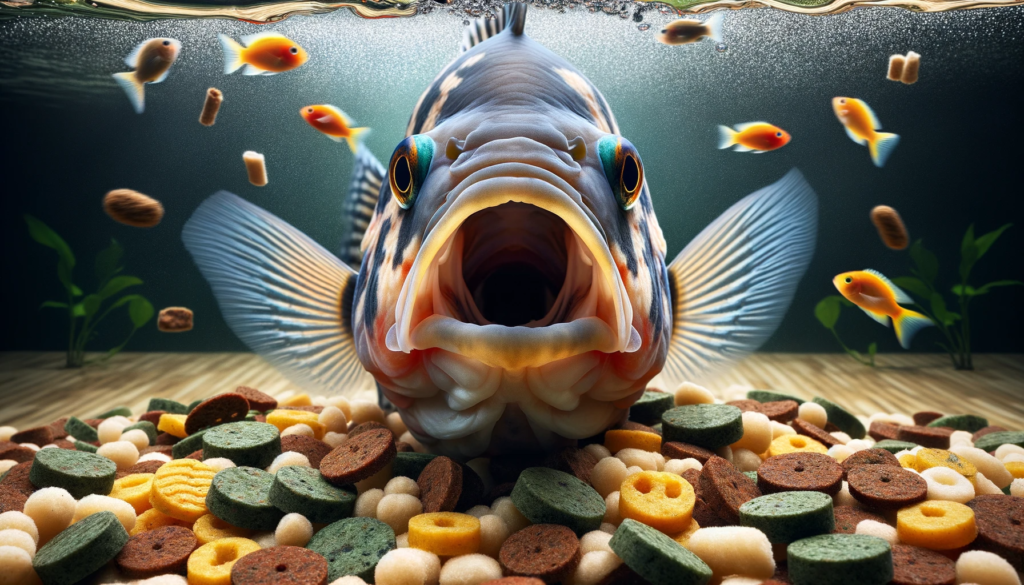 Show a close-up illustration of a Flag Cichlid swimming in an aquarium, surrounded by plants and rocks, with a timer in the background counting down its lifespan