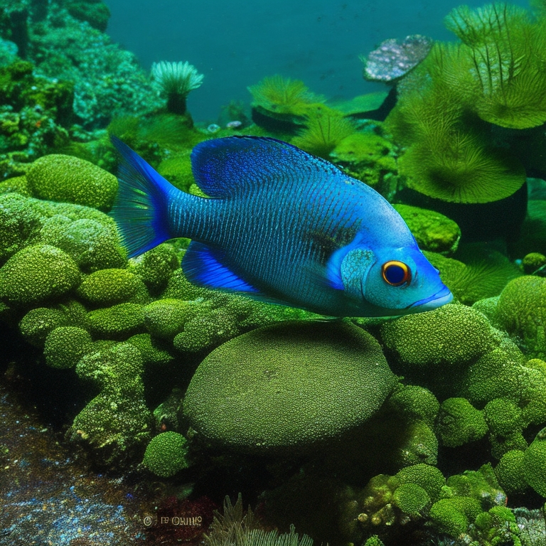 A vivid blue Acara fish swimming over a mossy rock, contentedly nibbling on a brown algae wafer.