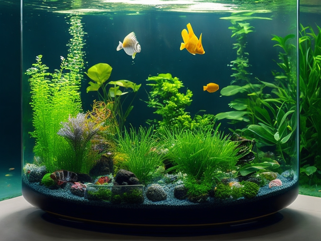 An image of a thriving aquarium with clear water, healthy plants, varied fish species, a pH balance kit, and a dropped-in fish food, symbolizing the balance needed for fish survival. 