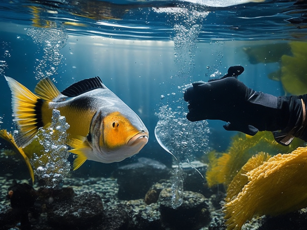 Show a pair of gloved hands replacing murky, dark water with clean, clear water in a fish tank, with a healthy fish swimming happily in the fresh environment.