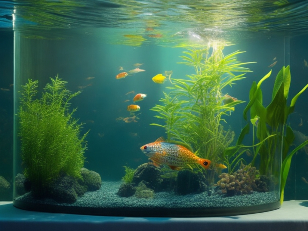 Show a fish tank half filled with murky water and half with clear water, with a healthy fish in clear water and a fading fish in the murky side, symbolizing a poorly executed water change