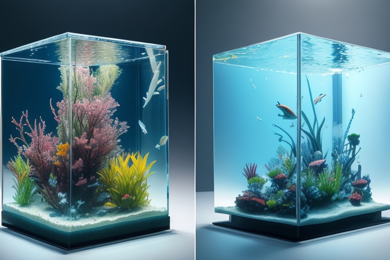 A crystal clear image of two aquariums side-by-side, one made of glass and the other of acrylic, with a focus on the clarity of the water and the visibility of objects within each. 