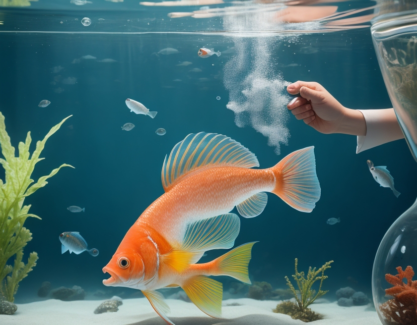 A hand removing a fish from a fish tank, with bubbles from hydrogen peroxide visible in the background. 