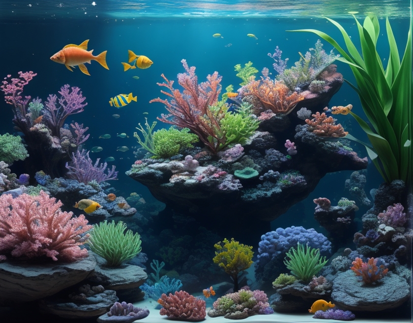 An aquarium full of rocks, plants, and colorful fish, with a bright light illuminating a magnified view of nitrifying bacteria among them, creating a delicate aquatic balance.