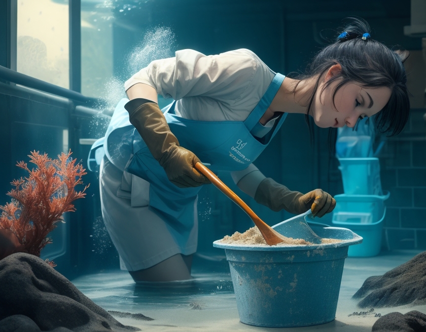 A person in apron and gloves, scrubbing aquarium sand with a stiff-bristled brush in a bucket