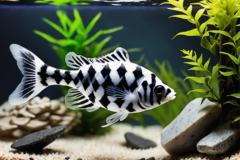 A black and white checkered barb swimming in a planted aquarium with a variety of rocks, plants, and driftwood