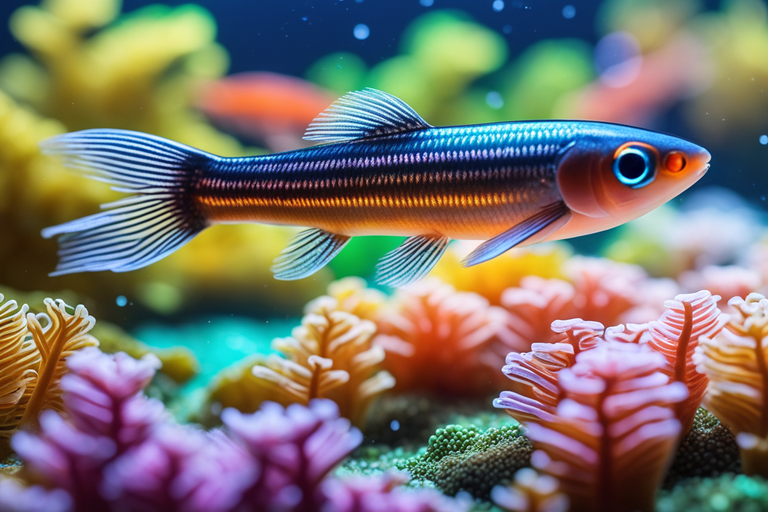 A close-up of a dwarf pencilfish swimming in an aquarium, grazing over a variety of colorful, small-sized fish flakes and algae-based pellets. 