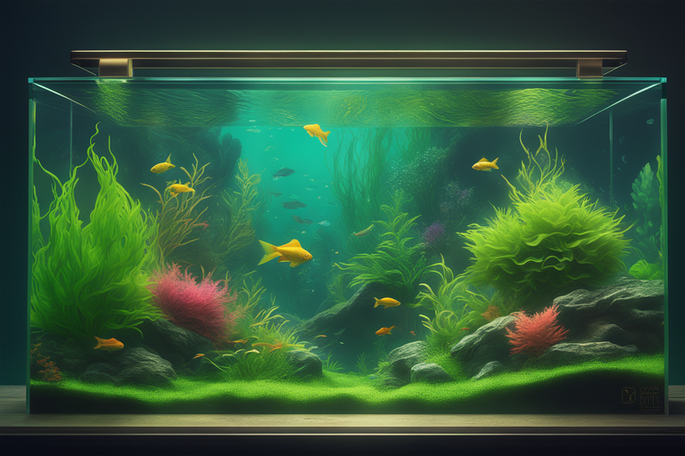planted aquarium with a variety of aquatic plants, brightly colored fish, and a range of algae growth