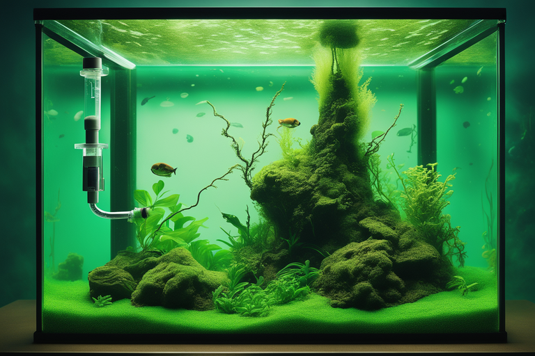 A planted aquarium with an oxygen bubbler and dark green patches of algae on the substrate, being treated with a syringe of hydrogen peroxide.