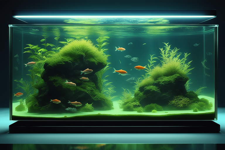 A planted aquarium with floating plants and a small school of fish, the tank illuminated by light shining through the water, emphasizing the balance of nutrients in the substrate and water. --v 