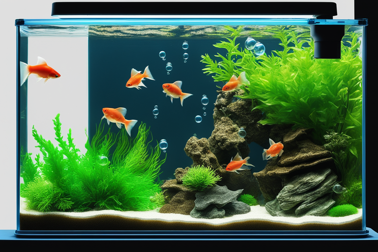 Aquarium with air pump and fish tank filter side by side, both running. Bubbles and water flow visible. 