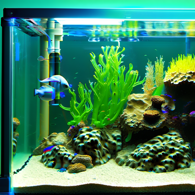 Aquarium with clear glass walls, bubbling water, and a filter with tubes and parts