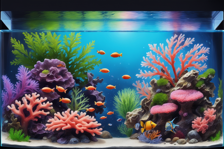 Aquarium with varying species of coral, fish, plants, and nitrifying bacteria interacting in a cycle of symbiosis, maintaining a balanced aquatic ecosystem