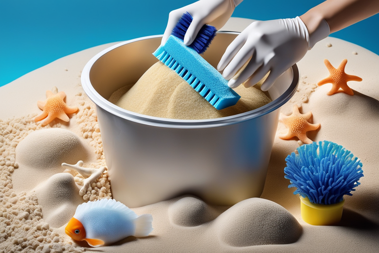 A person in apron and gloves looking into a bucket of clean aquarium sand, surrounded by a sponge, brush, scrubber, and other cleaning accessories
