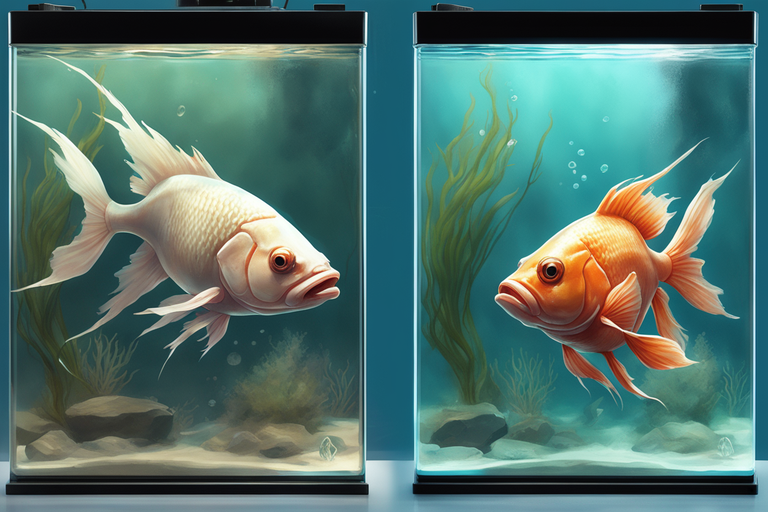 Show a fish tank with clear and cloudy water sections, displaying a healthy fish in clear water, and a stressed fish with visible signs of illness in the cloudy water.