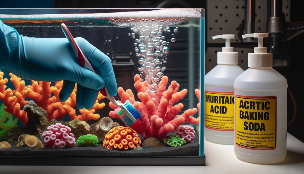 gloved hand holding a toothbrush, scrubbing a vibrant coral aquarium decoration. Muriatic acid and baking soda containers sit nearby, bubbles emerging from a small, clean fish tank