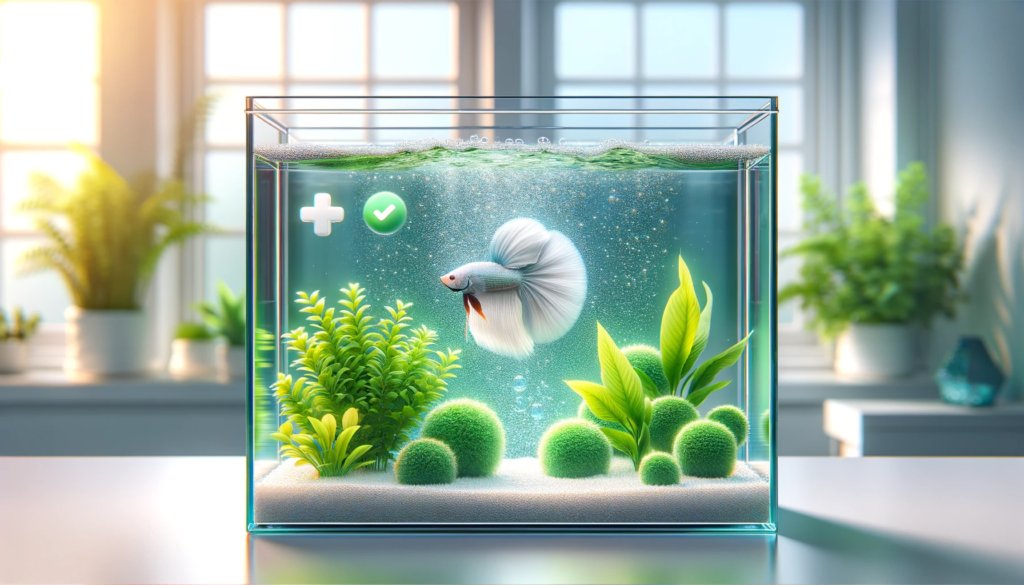 crystal-clear Betta tank, devoid of any algae or debris. The tank's vibrant green plants, sparkling clean water, and a content Betta fish swimming freely will emphasize the importance of easy tank maintenance.