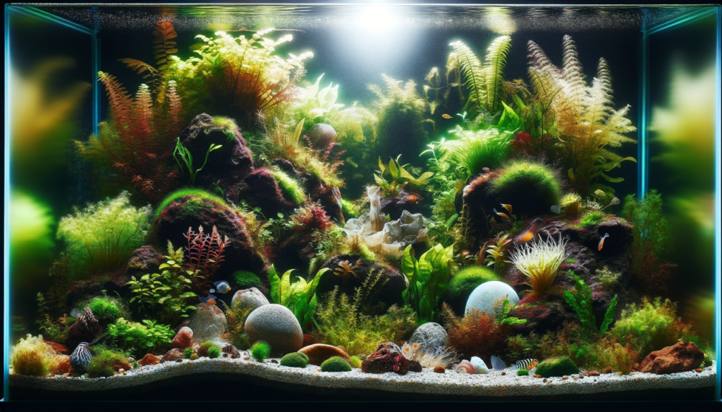 Aquarium tank filled with various plants and algae of different shapes, sizes, and colors, all flourishing in the freshwater environment.