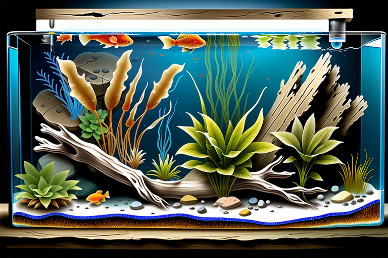 a freshwater aquarium with pH test strips, submerged driftwood, limestone rocks, and aquatic plants to depict factors influencing pH levels